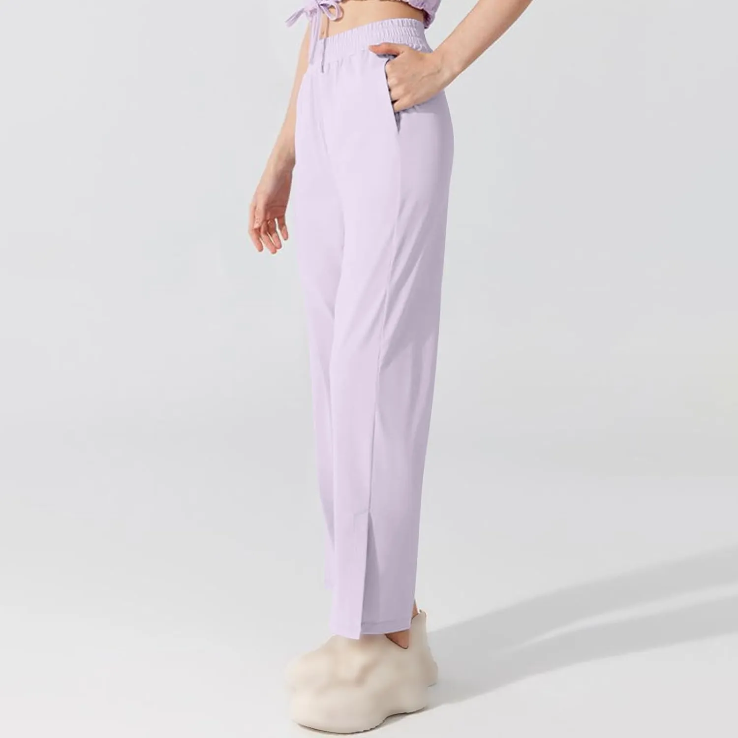 Women's Soft Stretch Lounge Yoga Pants with Pockets for Daily Wear Summer Casual High Waisted Split Hem Trousers