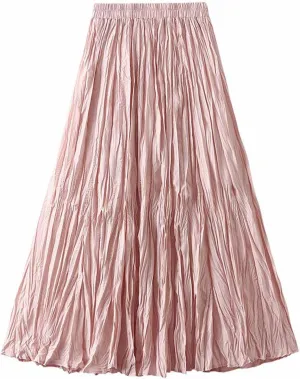 Women's Spring Summer Pleated Skirt Elastic High Waist Midi Skirt Casual Swing Flowy Boho A-Line Skirts Dress One Size