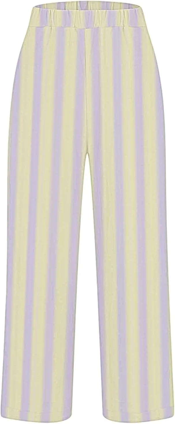 Women's Striped Cotton Linen Straight Pants Relaxed Fit Wide Leg Pants 2025 Summer Casual Loose Lounge Trousers with Pockets