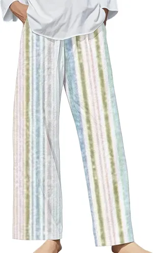 Women's Striped Cotton Linen Straight Pants Relaxed Fit Wide Leg Pants 2025 Summer Casual Loose Lounge Trousers with Pockets