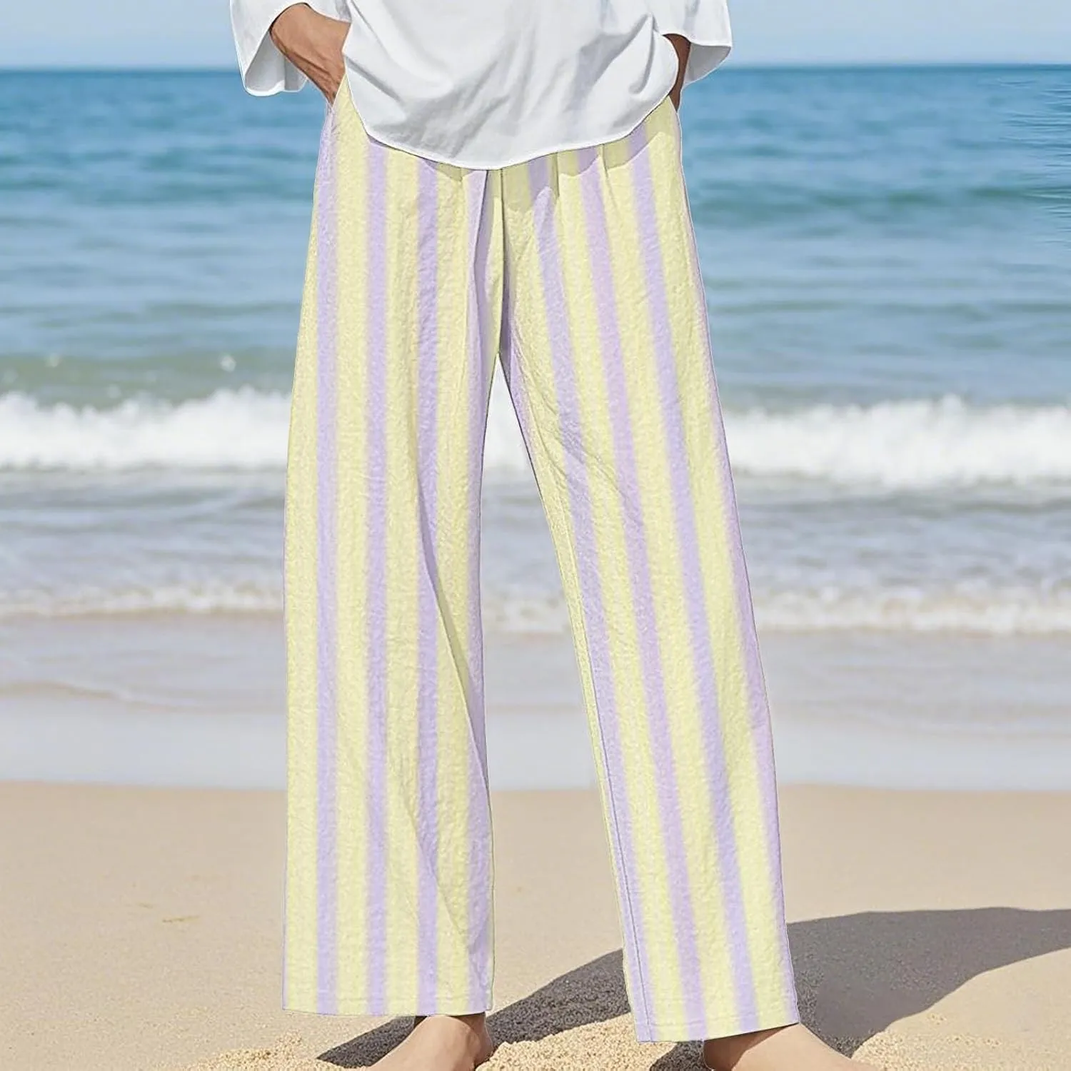 Women's Striped Cotton Linen Straight Pants Relaxed Fit Wide Leg Pants 2025 Summer Casual Loose Lounge Trousers with Pockets