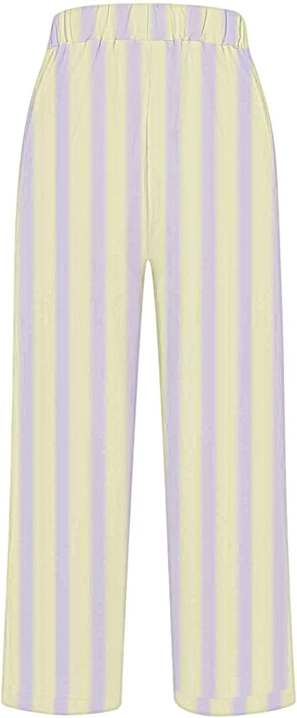 Women's Striped Cotton Linen Straight Pants Relaxed Fit Wide Leg Pants 2025 Summer Casual Loose Lounge Trousers with Pockets