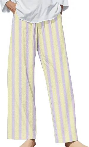 Women's Striped Cotton Linen Straight Pants Relaxed Fit Wide Leg Pants 2025 Summer Casual Loose Lounge Trousers with Pockets