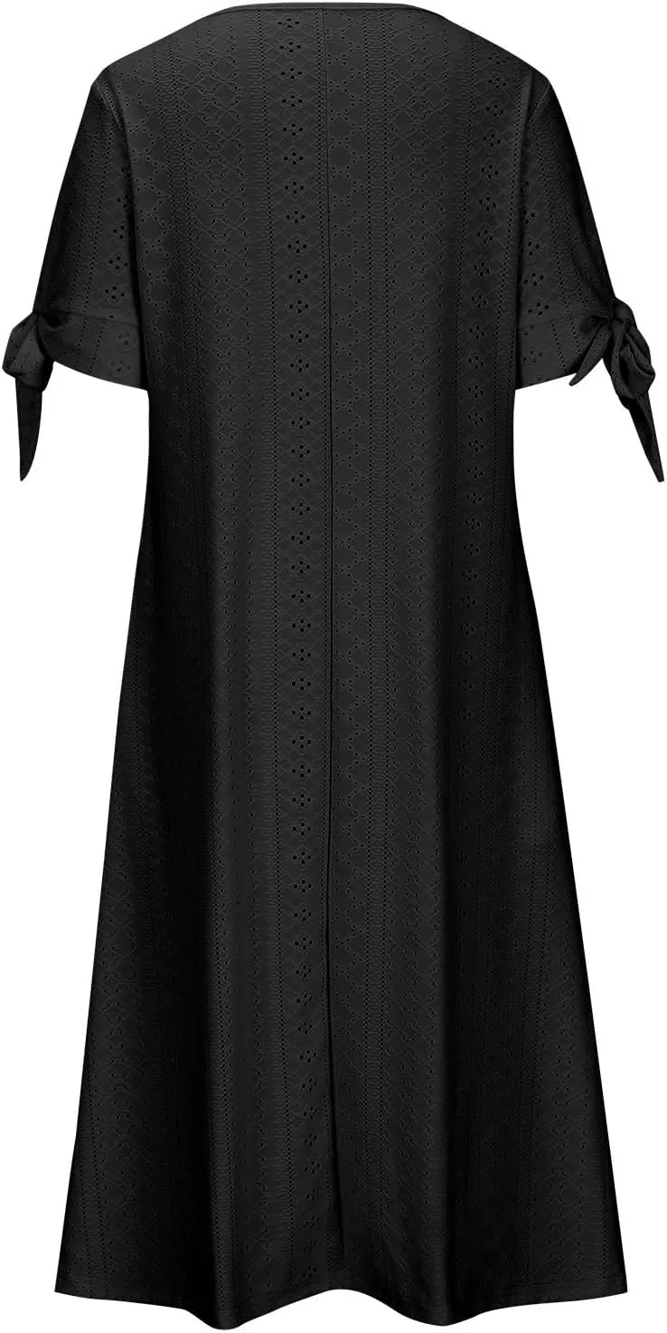 Womens Summer Dresses Casual Eyelet Boho Maxi Dress Flowy Button V-Neck Beach Sundress Trendy Long Dress with Pockets