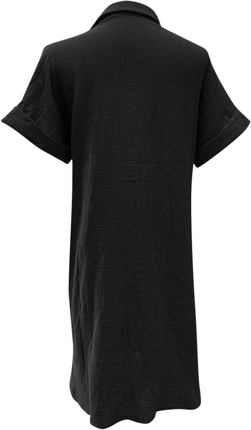 Womens Summer Dresses Casual Roll Up Short Sleeve Knee Length Cotton Linen Button Down Tunic Shirt Dress with Pockets