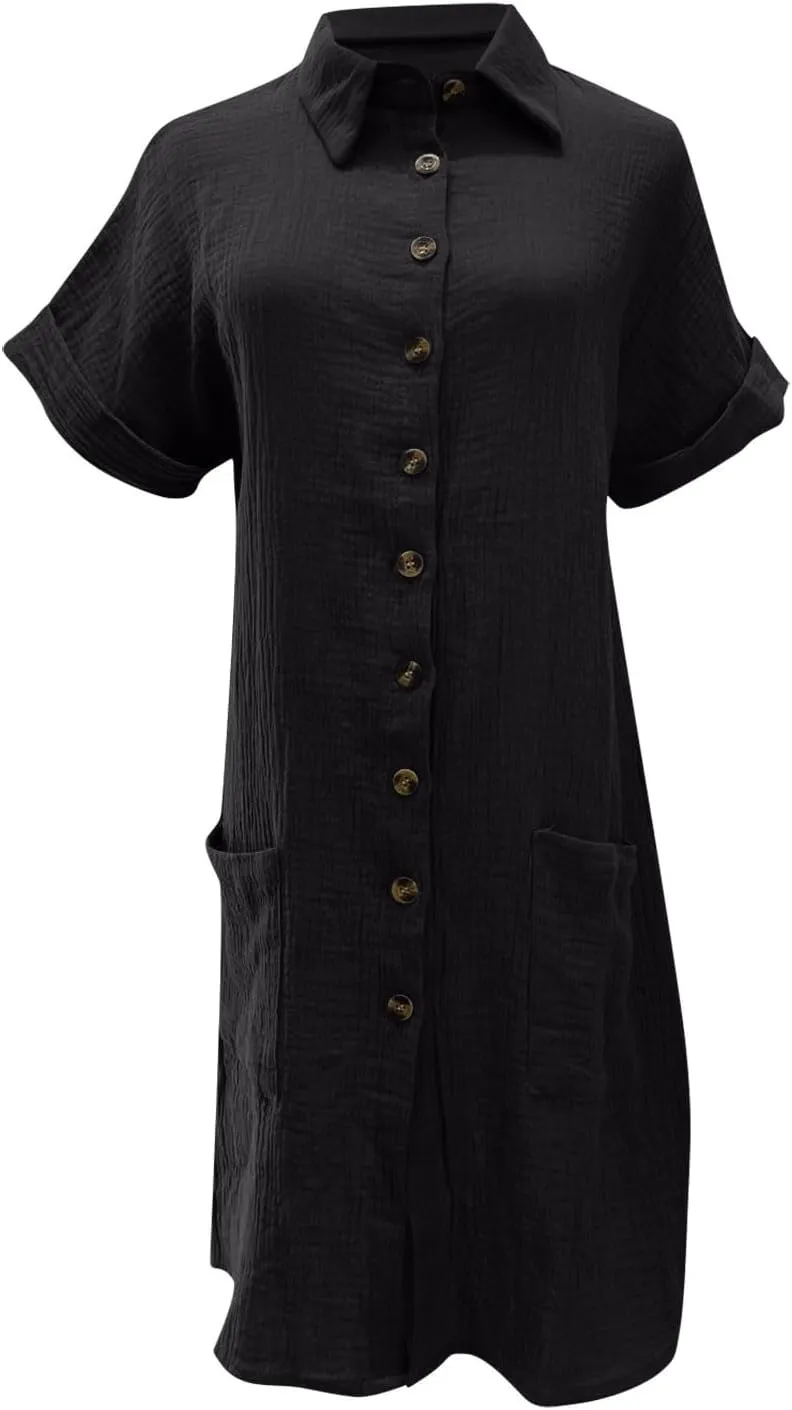 Womens Summer Dresses Casual Roll Up Short Sleeve Knee Length Cotton Linen Button Down Tunic Shirt Dress with Pockets