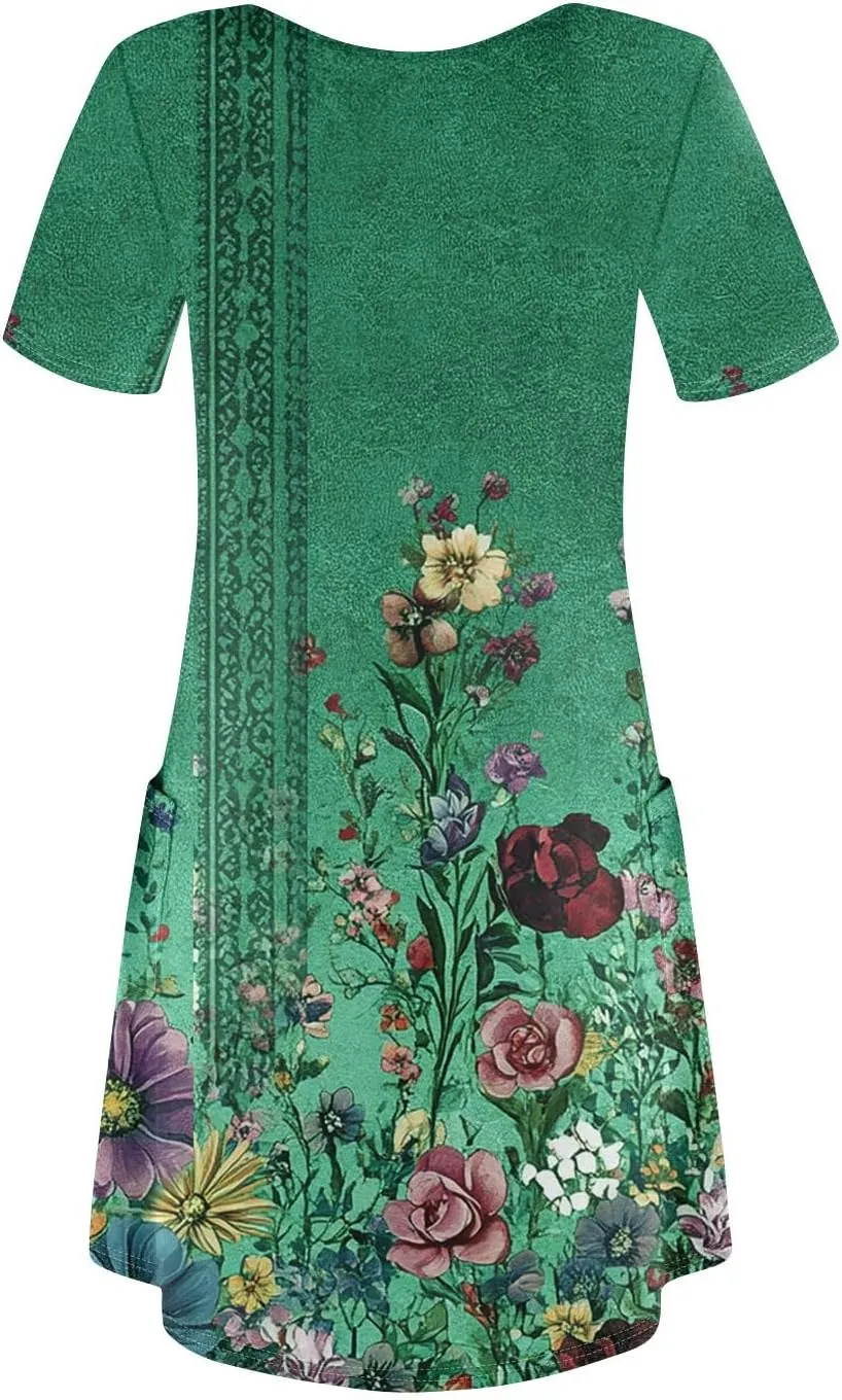 Womens Summer Dresses Short Sleeve V Neck Trendy Casual Boho T Shirt Dress for Women with Pockets