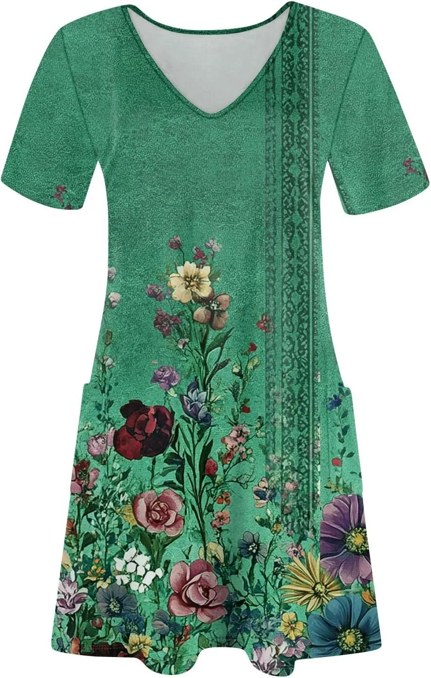 Womens Summer Dresses Short Sleeve V Neck Trendy Casual Boho T Shirt Dress for Women with Pockets