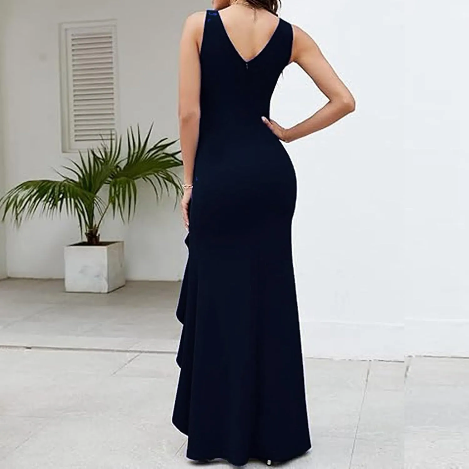 Women's Summer Formal Maxi Dresses Sleeveless Wrap V Neck Bodycon Ruched Slit Mesh Wedding Guest Cocktail Dress