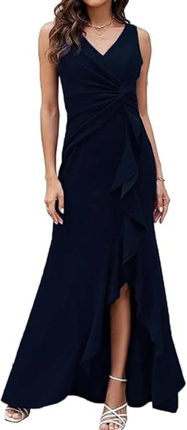 Women's Summer Formal Maxi Dresses Sleeveless Wrap V Neck Bodycon Ruched Slit Mesh Wedding Guest Cocktail Dress