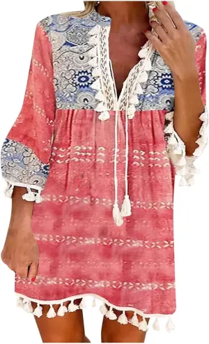 Womens Summer Shirt Dresses Casual V-Neck Three-Quarter Sleeve Dress Vacation Beach Sun Dress Boho Maxi Dress