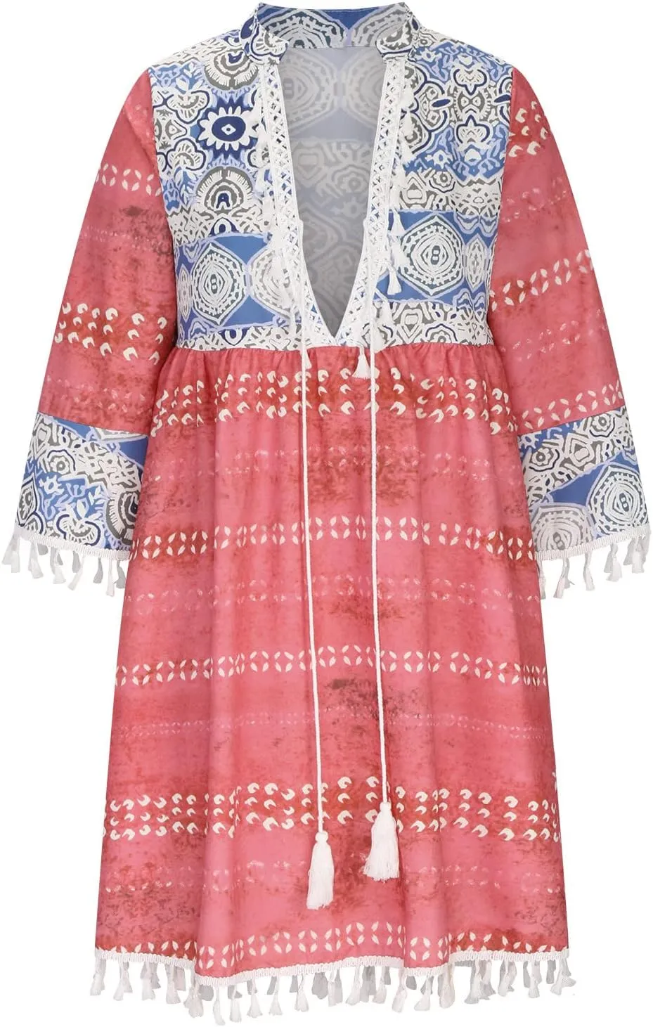 Womens Summer Shirt Dresses Casual V-Neck Three-Quarter Sleeve Dress Vacation Beach Sun Dress Boho Maxi Dress