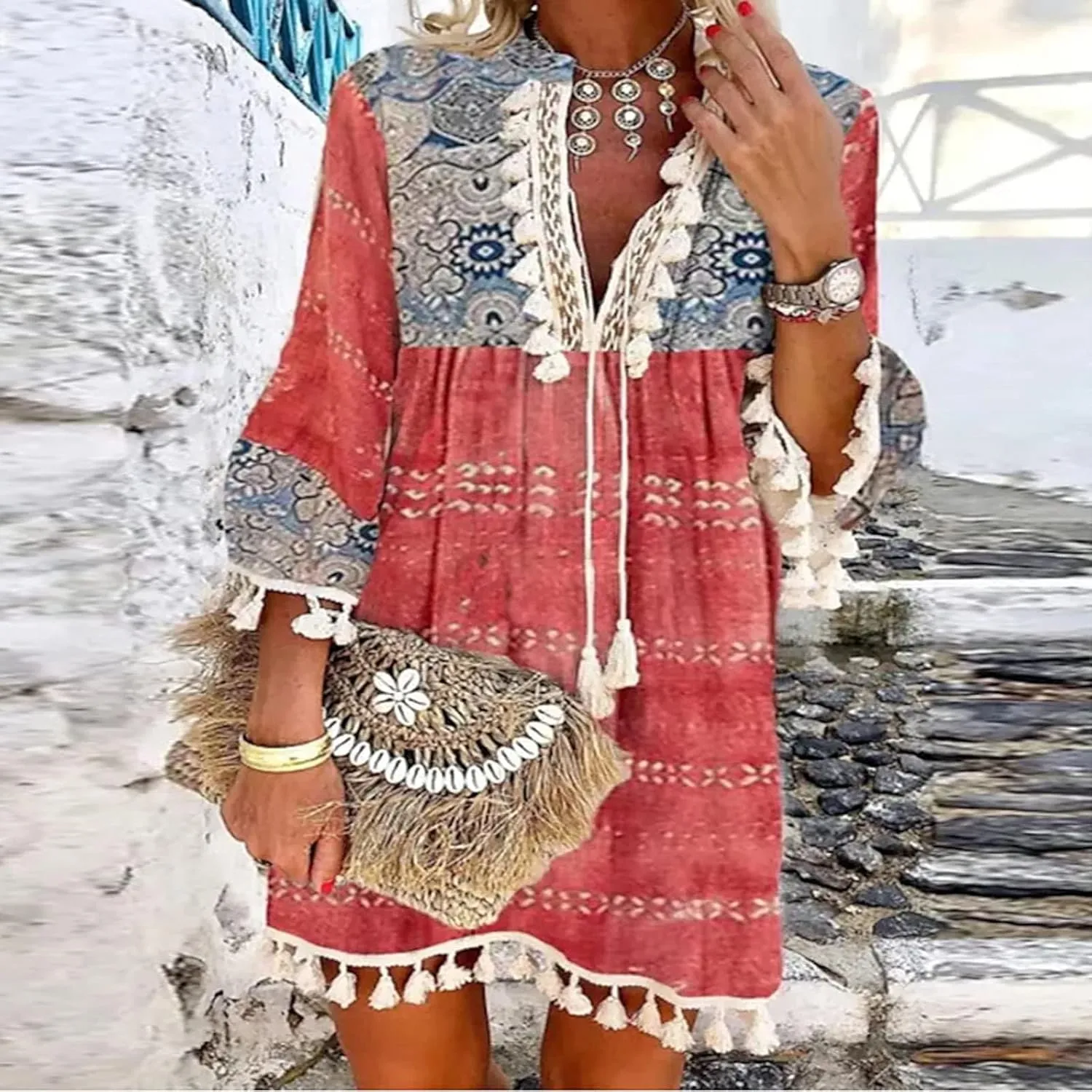 Womens Summer Shirt Dresses Casual V-Neck Three-Quarter Sleeve Dress Vacation Beach Sun Dress Boho Maxi Dress