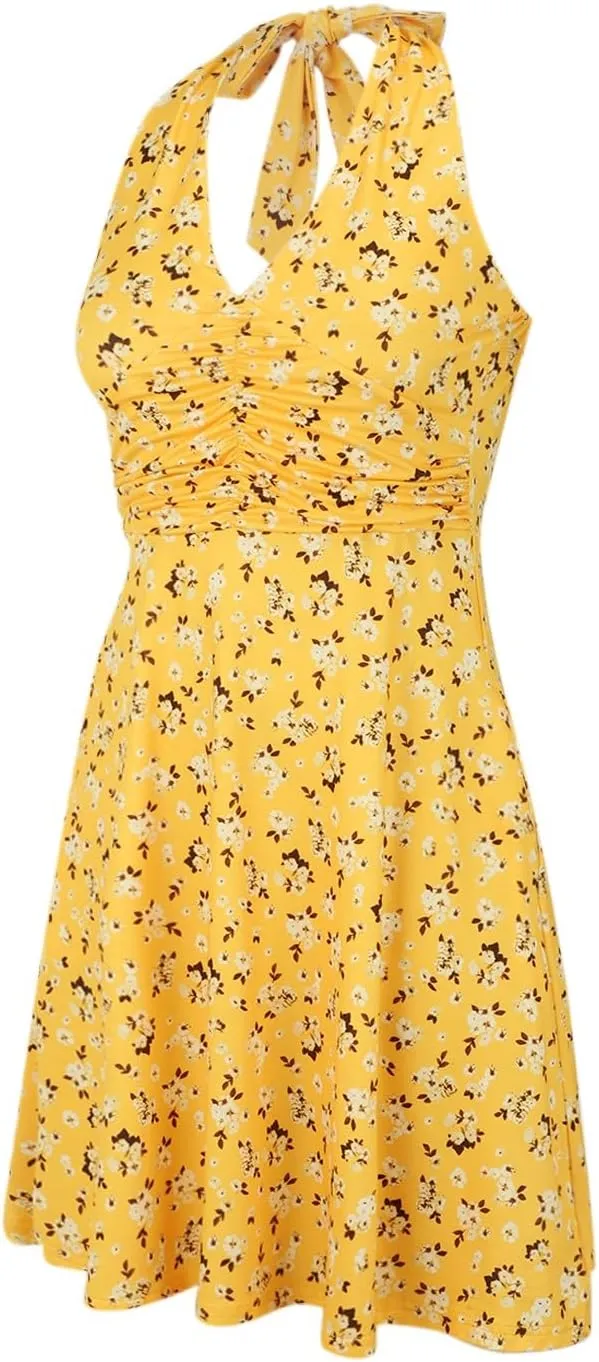 Women's Summer Sleeveless Neck Spring Floral with Pocket Elastic Waist Ruffle Dresses