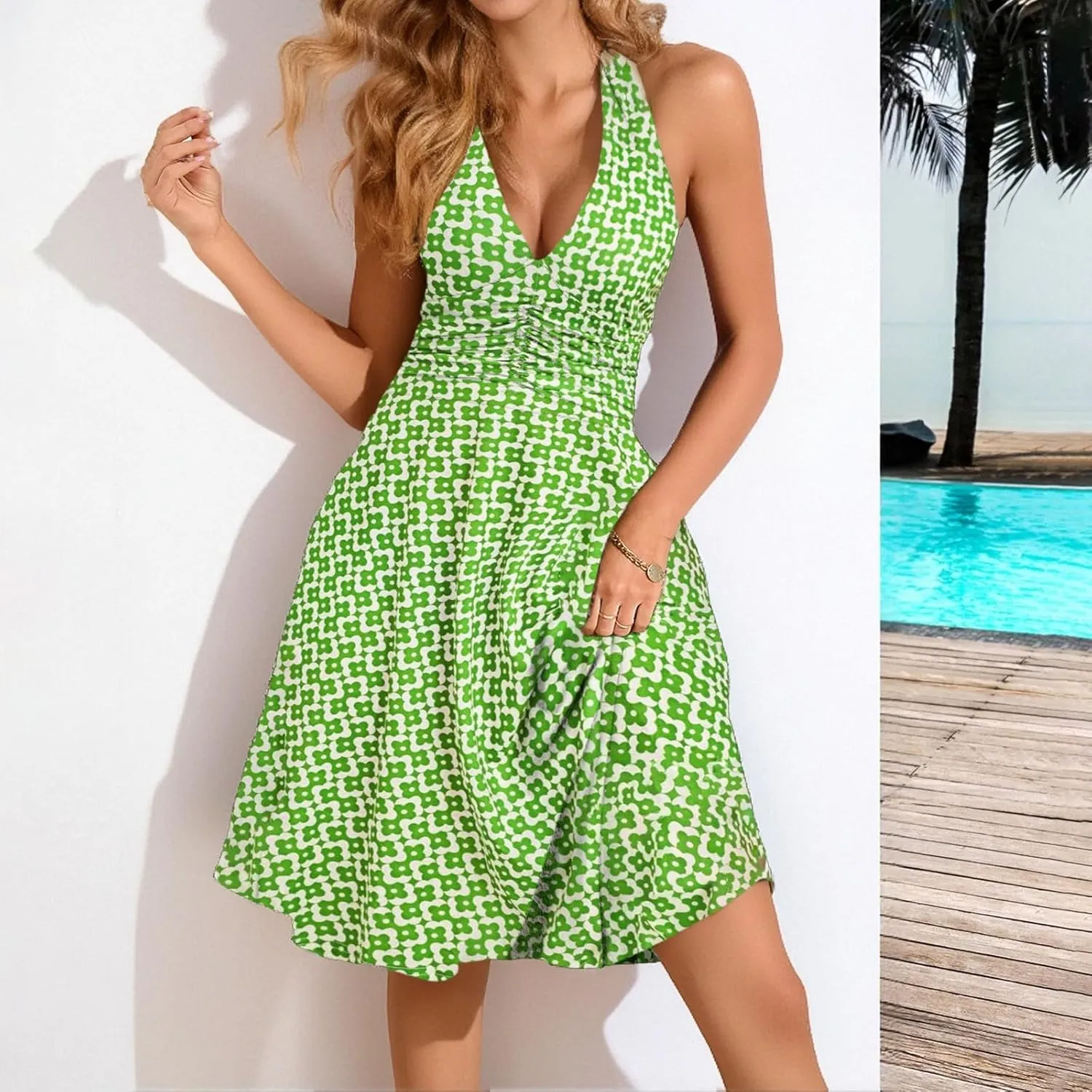 Women's Summer Sleeveless Neck Spring Floral with Pocket Elastic Waist Ruffle Dresses
