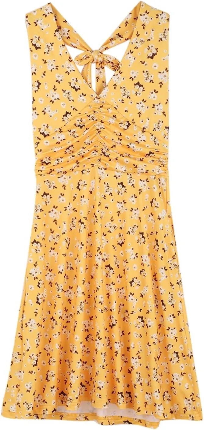 Women's Summer Sleeveless Neck Spring Floral with Pocket Elastic Waist Ruffle Dresses