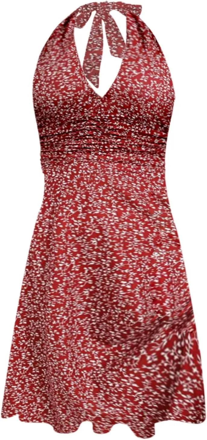 Women's Summer Sleeveless Neck Spring Floral with Pocket Elastic Waist Ruffle Dresses