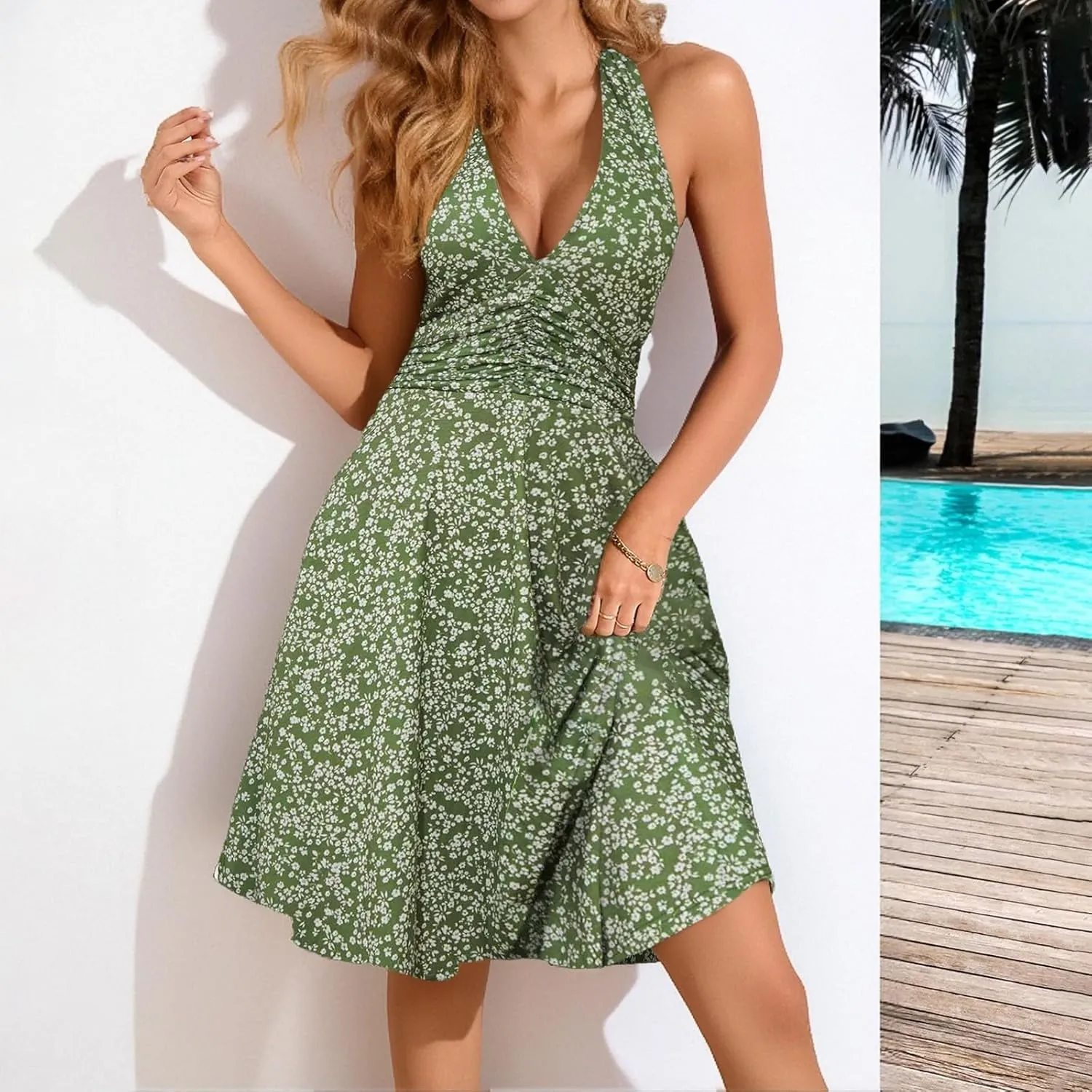 Women's Summer Sleeveless Neck Spring Floral with Pocket Elastic Waist Ruffle Dresses