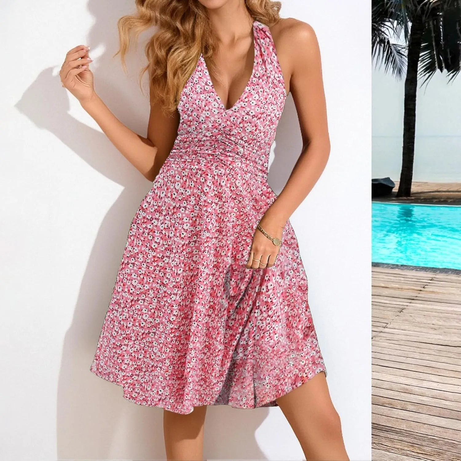 Women's Summer Sleeveless Neck Spring Floral with Pocket Elastic Waist Ruffle Dresses