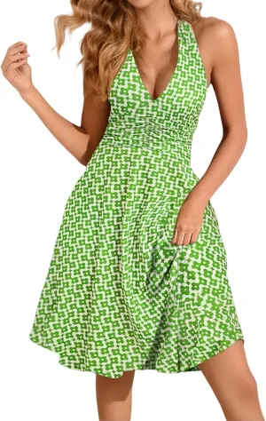 Women's Summer Sleeveless Neck Spring Floral with Pocket Elastic Waist Ruffle Dresses