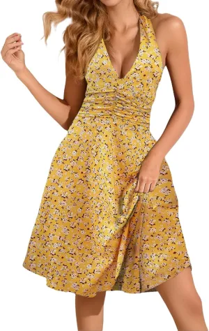 Women's Summer Sleeveless Neck Spring Floral with Pocket Elastic Waist Ruffle Dresses