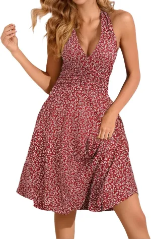 Women's Summer Sleeveless Neck Spring Floral with Pocket Elastic Waist Ruffle Dresses