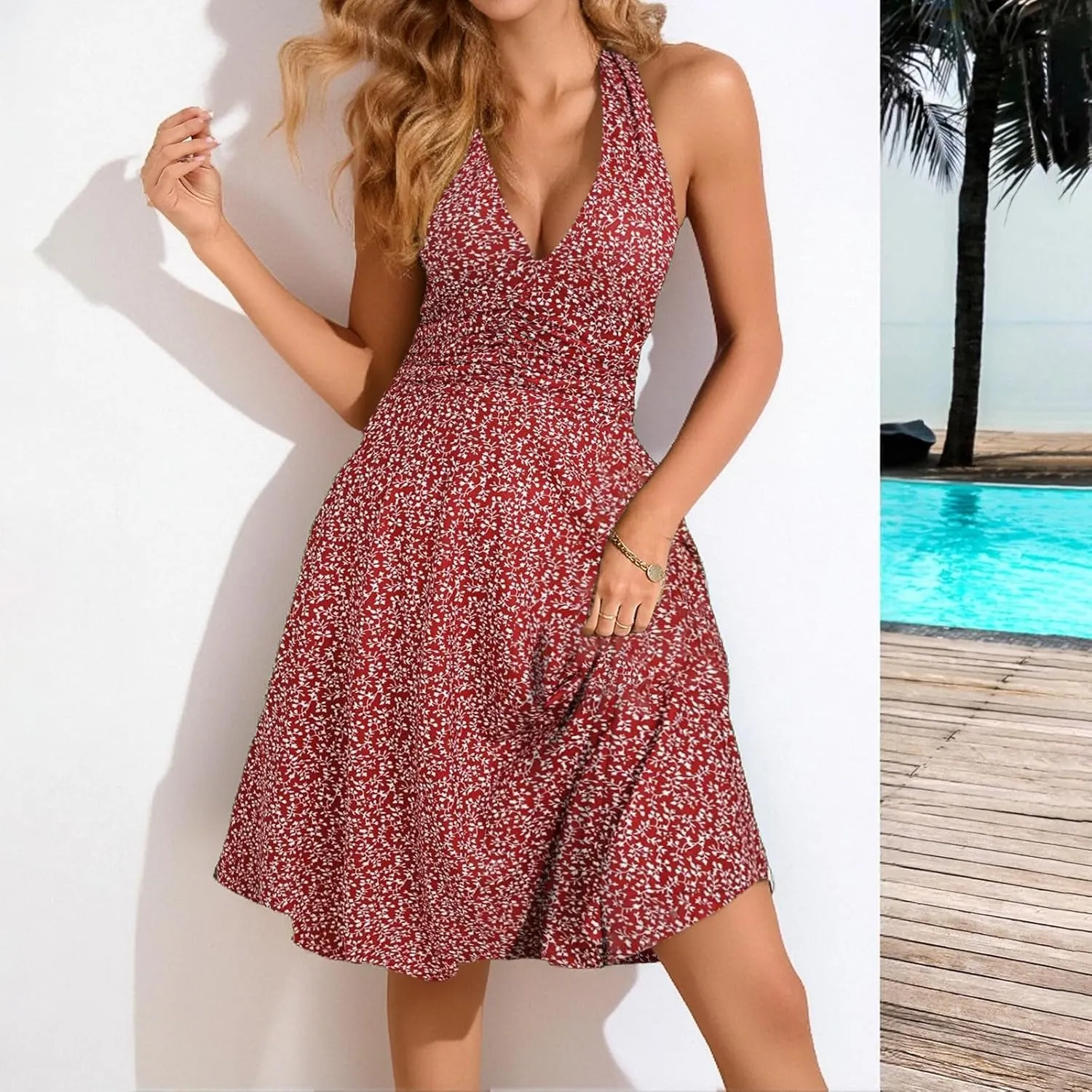 Women's Summer Sleeveless Neck Spring Floral with Pocket Elastic Waist Ruffle Dresses