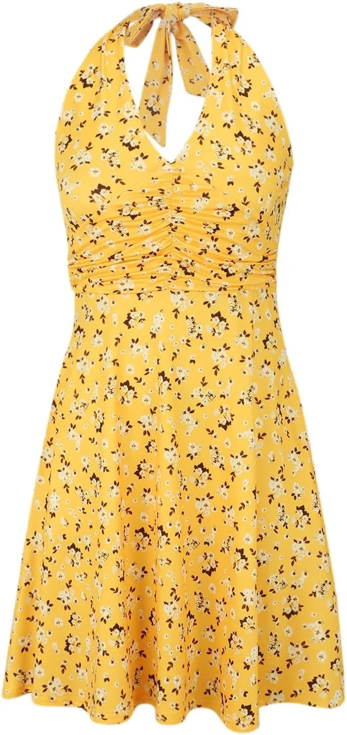 Women's Summer Sleeveless Neck Spring Floral with Pocket Elastic Waist Ruffle Dresses