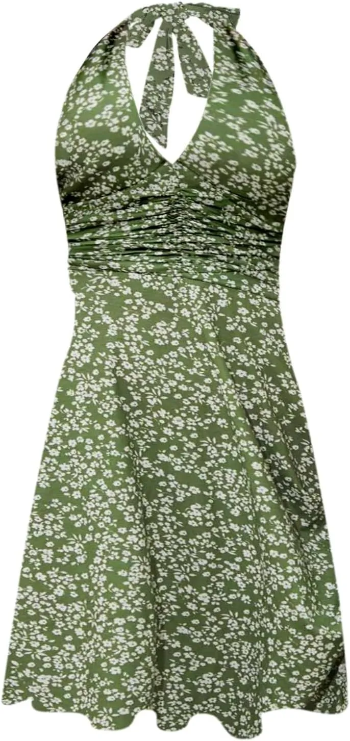 Women's Summer Sleeveless Neck Spring Floral with Pocket Elastic Waist Ruffle Dresses