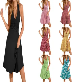 Women's Summer Sleeveless Neck Spring Floral with Pocket Elastic Waist Ruffle Dresses