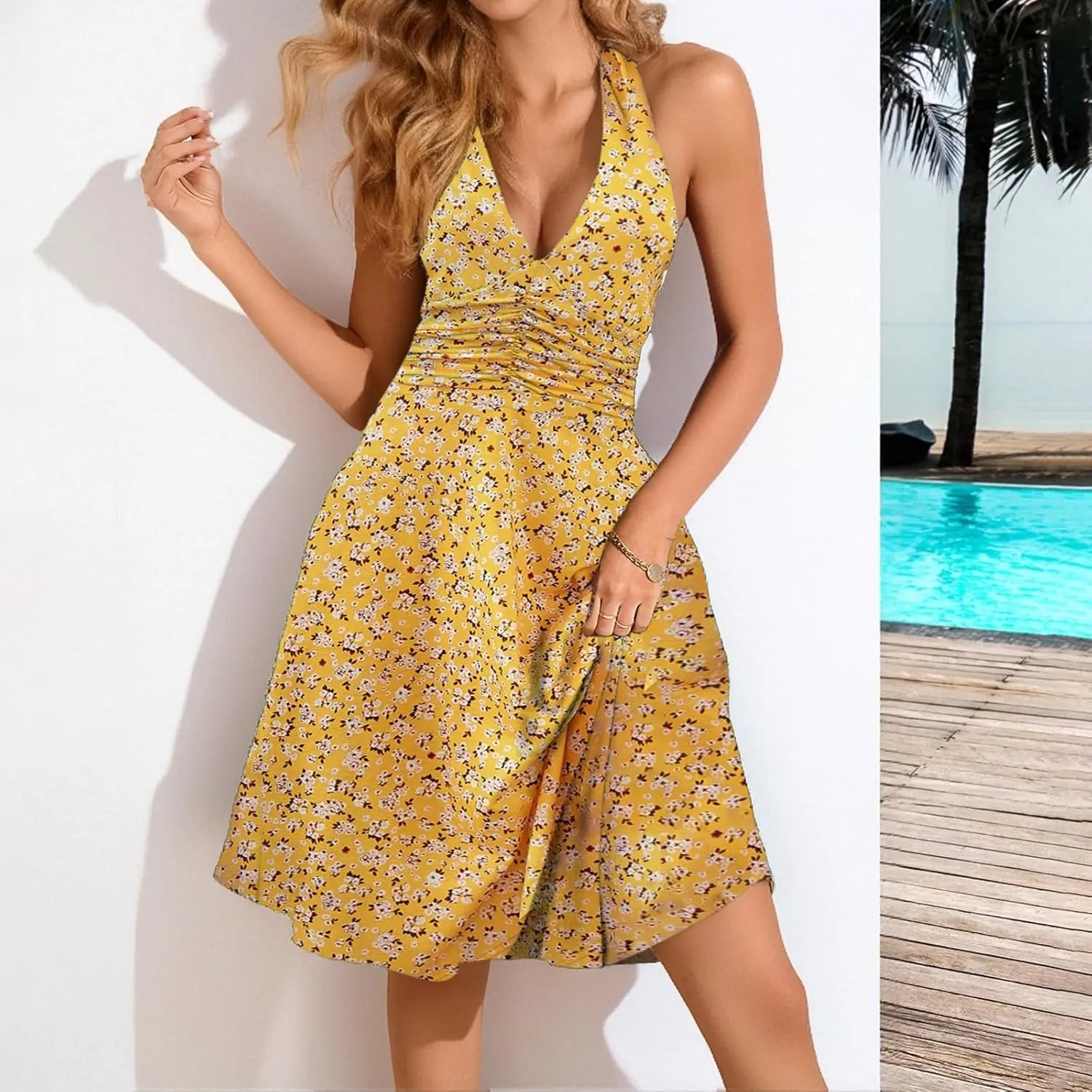 Women's Summer Sleeveless Neck Spring Floral with Pocket Elastic Waist Ruffle Dresses