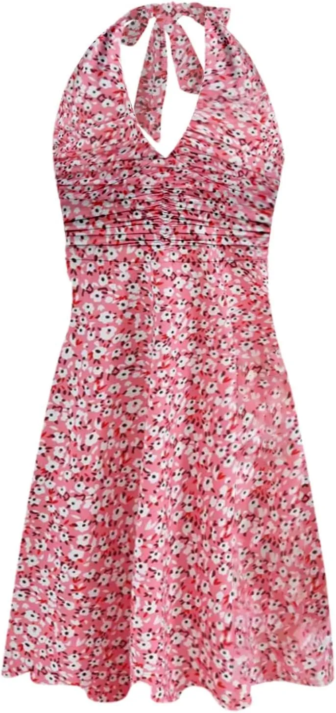 Women's Summer Sleeveless Neck Spring Floral with Pocket Elastic Waist Ruffle Dresses