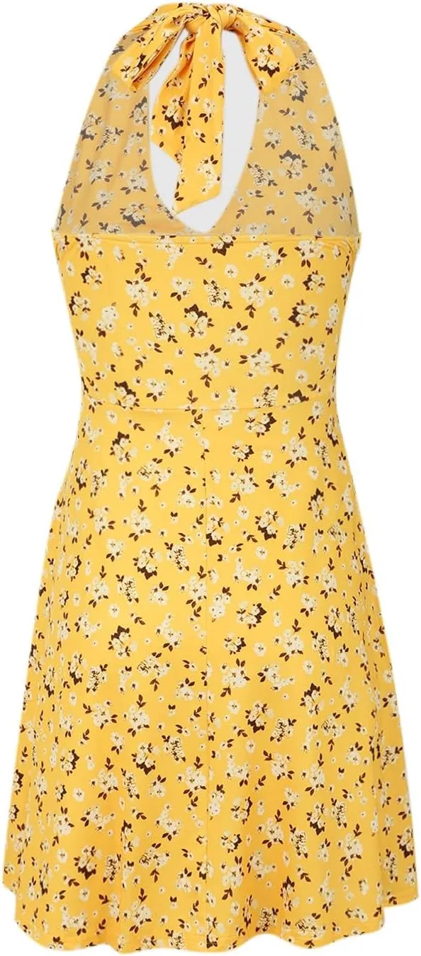 Women's Summer Sleeveless Neck Spring Floral with Pocket Elastic Waist Ruffle Dresses