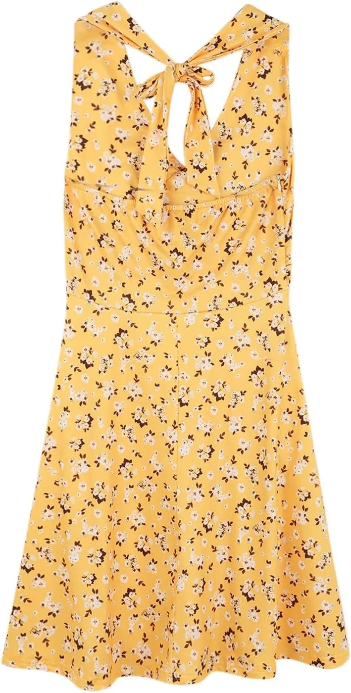 Women's Summer Sleeveless Neck Spring Floral with Pocket Elastic Waist Ruffle Dresses