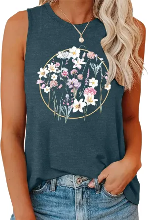 Womens Vintage Flowers Tank Casual Boho Wildflowers Graphic Tees Cottagecore Summer Vest Tops