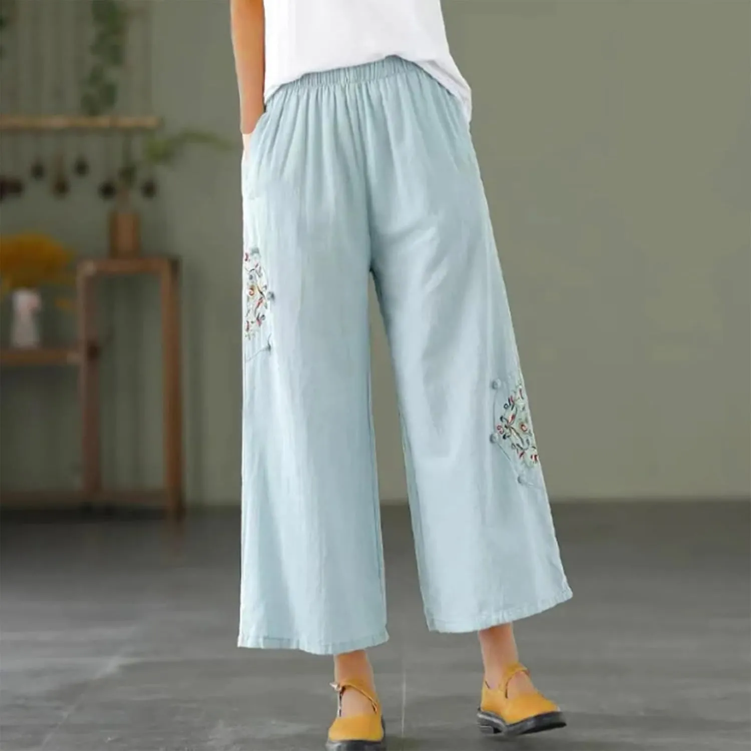 Women's Wide Leg Cotton Linen Pants Vintage Embroidered Palazzo Lounge Pants High Waist Beach Pants Ladies Boho Clothing