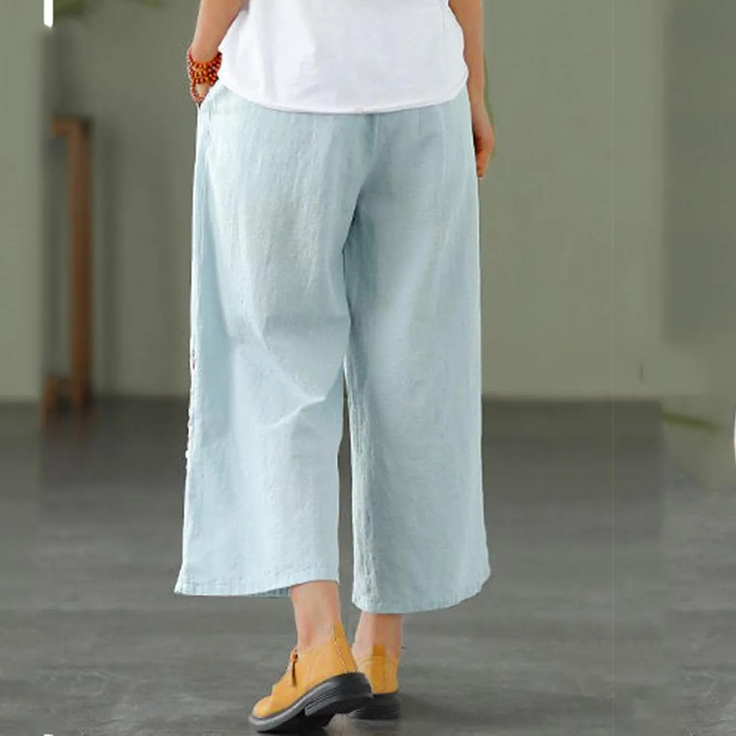 Women's Wide Leg Cotton Linen Pants Vintage Embroidered Palazzo Lounge Pants High Waist Beach Pants Ladies Boho Clothing