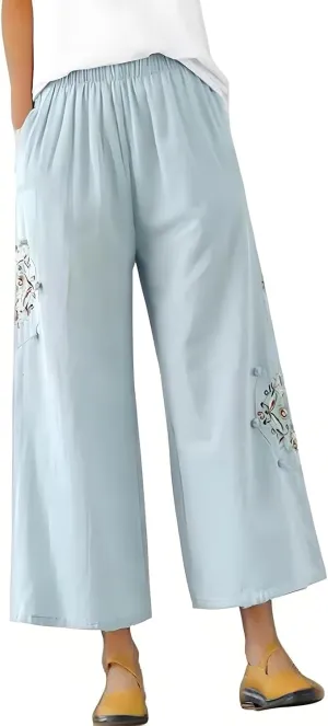 Women's Wide Leg Cotton Linen Pants Vintage Embroidered Palazzo Lounge Pants High Waist Beach Pants Ladies Boho Clothing