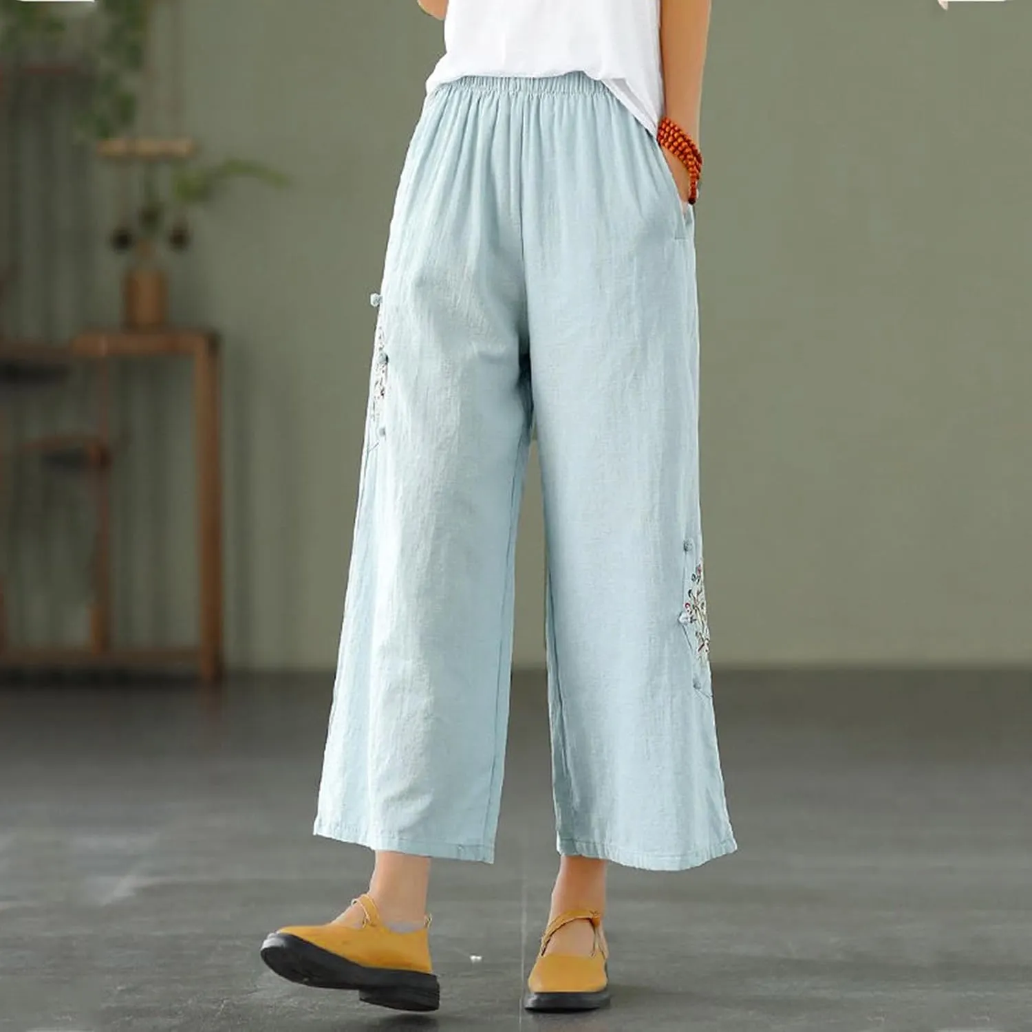 Women's Wide Leg Cotton Linen Pants Vintage Embroidered Palazzo Lounge Pants High Waist Beach Pants Ladies Boho Clothing
