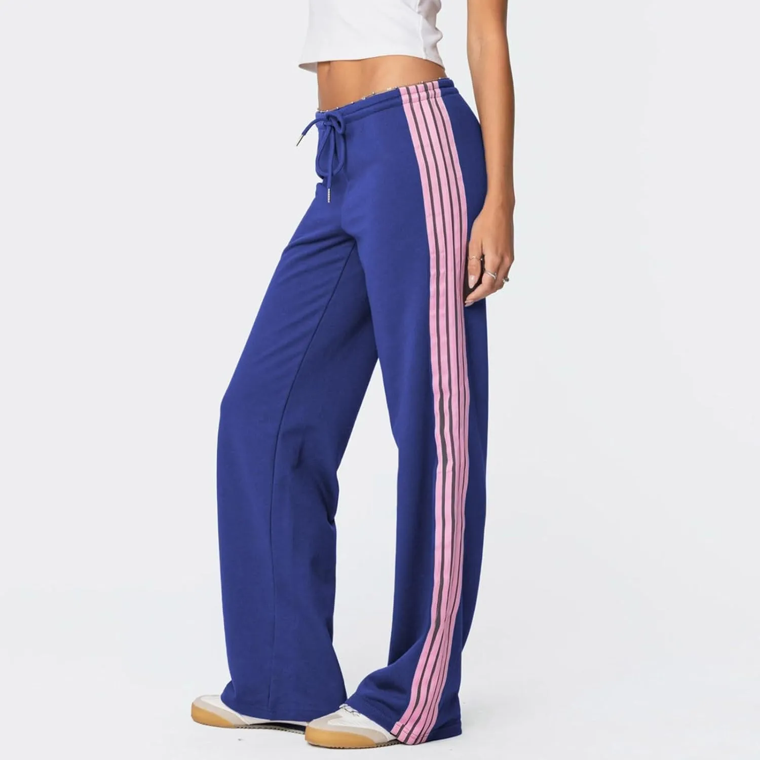 Womens Wide Leg Elasticated High Waist Trousers Side Striped Design Straight Casual Sweatpants Baggy Vintage Summer Pants
