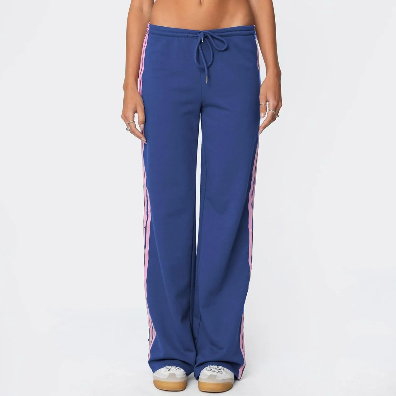 Womens Wide Leg Elasticated High Waist Trousers Side Striped Design Straight Casual Sweatpants Baggy Vintage Summer Pants