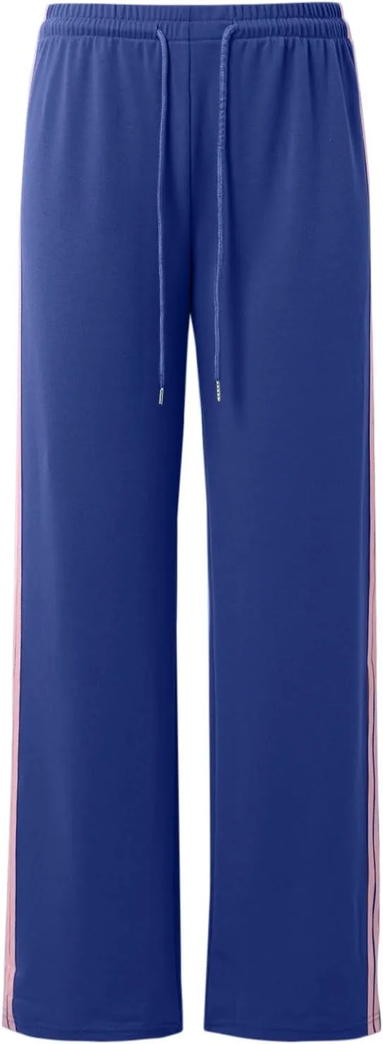 Womens Wide Leg Elasticated High Waist Trousers Side Striped Design Straight Casual Sweatpants Baggy Vintage Summer Pants