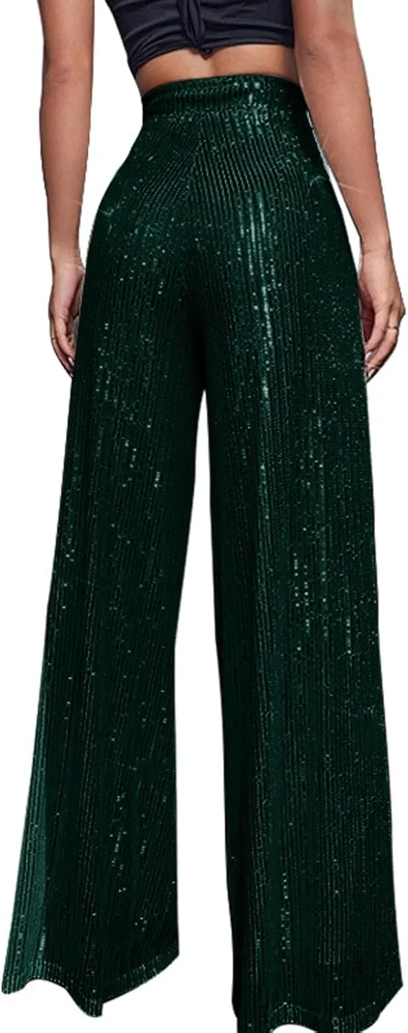 Womens Wide Leg Pants Elastic High Waist Sequin Sparkly Dance Pants Baggy Summer Fashion Baggy Palazzo Stretch Trousers