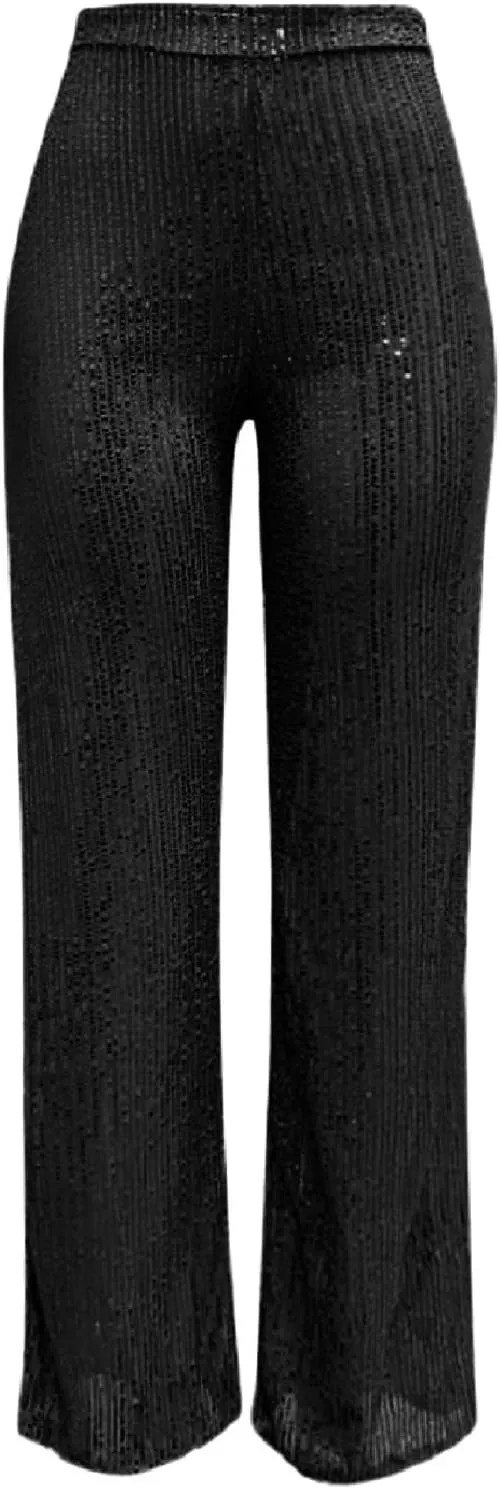 Womens Wide Leg Pants Elastic High Waist Sequin Sparkly Dance Pants Baggy Summer Fashion Baggy Palazzo Stretch Trousers
