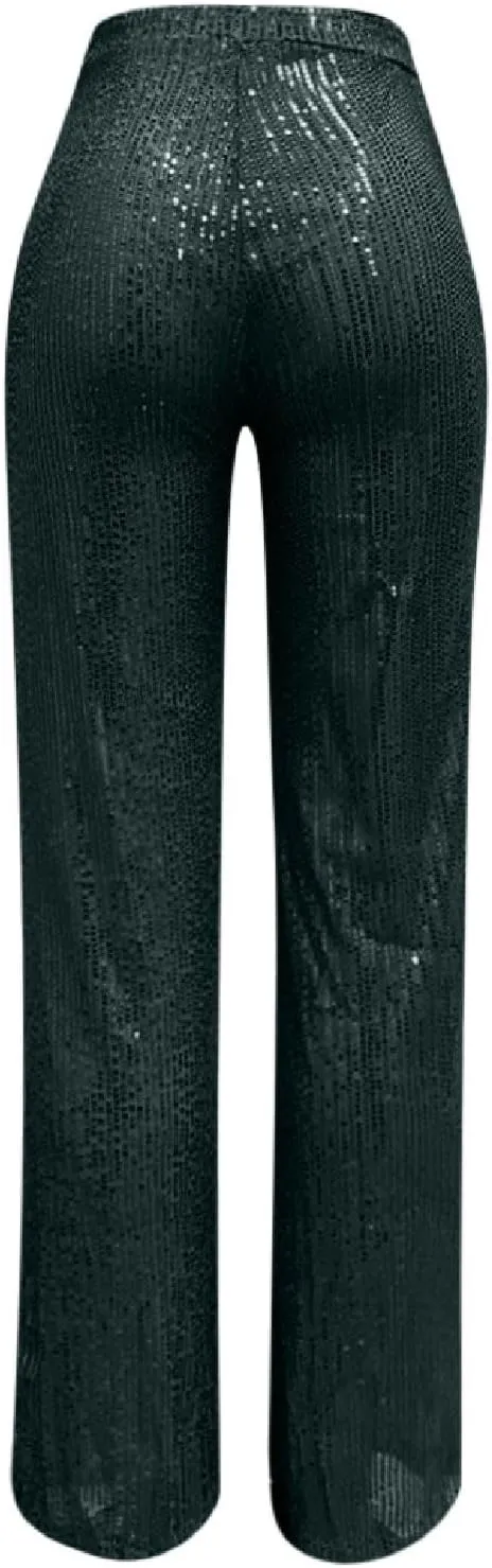 Womens Wide Leg Pants Elastic High Waist Sequin Sparkly Dance Pants Baggy Summer Fashion Baggy Palazzo Stretch Trousers