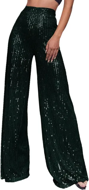 Womens Wide Leg Pants Elastic High Waist Sequin Sparkly Dance Pants Baggy Summer Fashion Baggy Palazzo Stretch Trousers