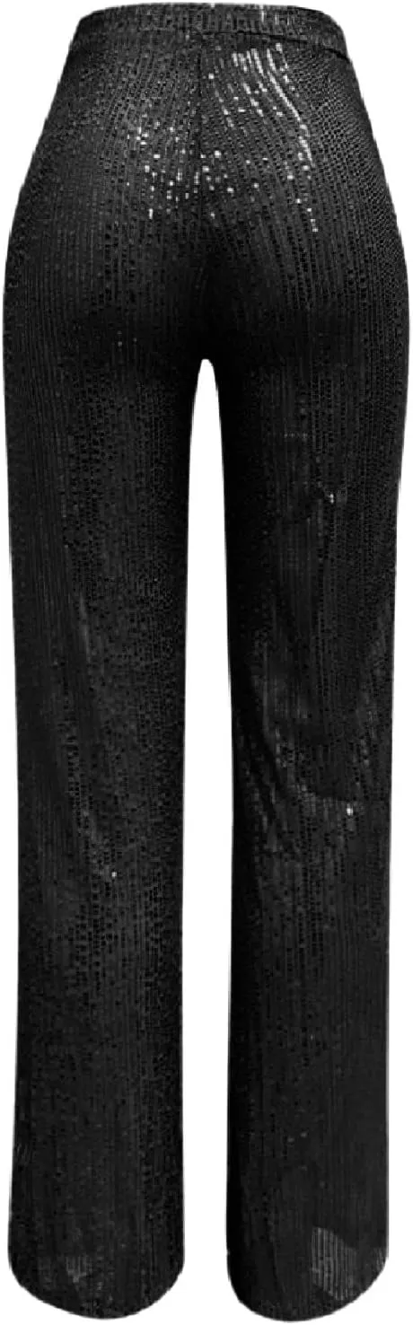 Womens Wide Leg Pants Elastic High Waist Sequin Sparkly Dance Pants Baggy Summer Fashion Baggy Palazzo Stretch Trousers
