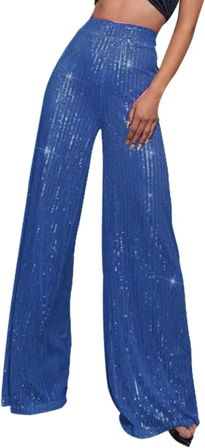 Womens Wide Leg Pants Elastic High Waist Sequin Sparkly Dance Pants Baggy Summer Fashion Baggy Palazzo Stretch Trousers