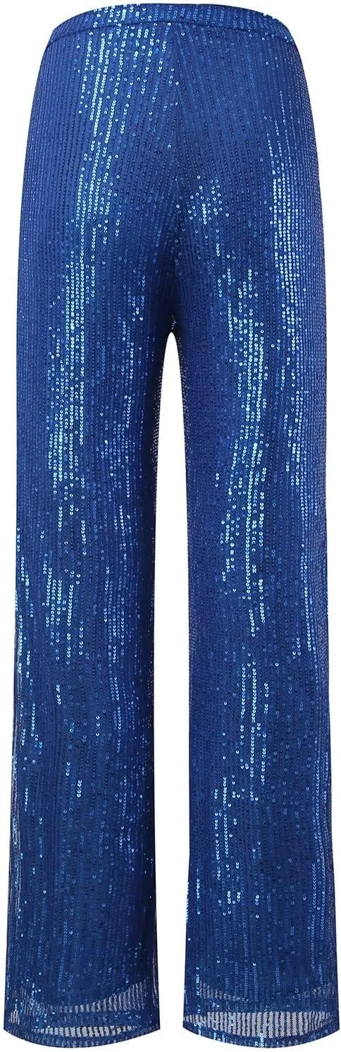Womens Wide Leg Pants Elastic High Waist Sequin Sparkly Dance Pants Baggy Summer Fashion Baggy Palazzo Stretch Trousers