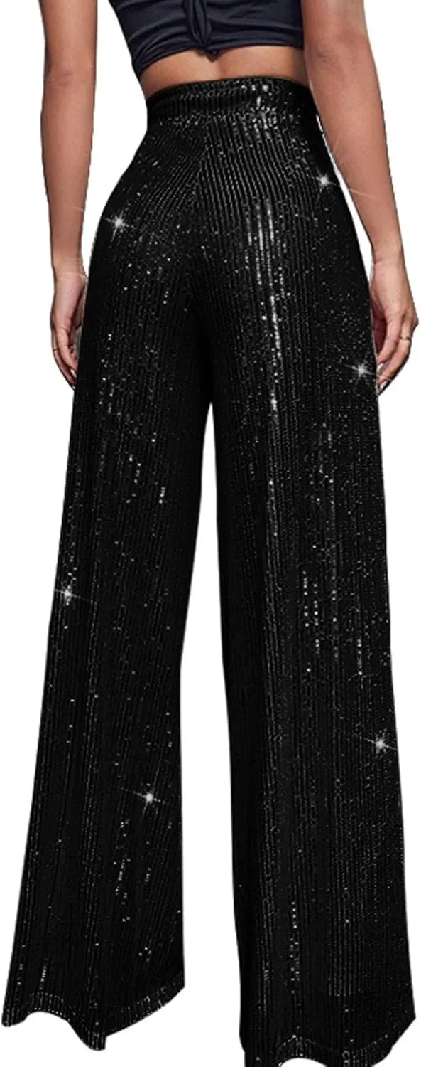 Womens Wide Leg Pants Elastic High Waist Sequin Sparkly Dance Pants Baggy Summer Fashion Baggy Palazzo Stretch Trousers